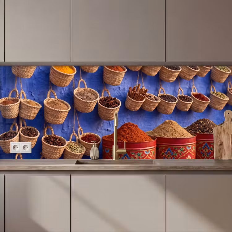 Kitchen Wall Splashback - Herbs - Baskets - Market - Kruiden - Manden - Markt keuken achterwand 2 middel zz_3dshopping