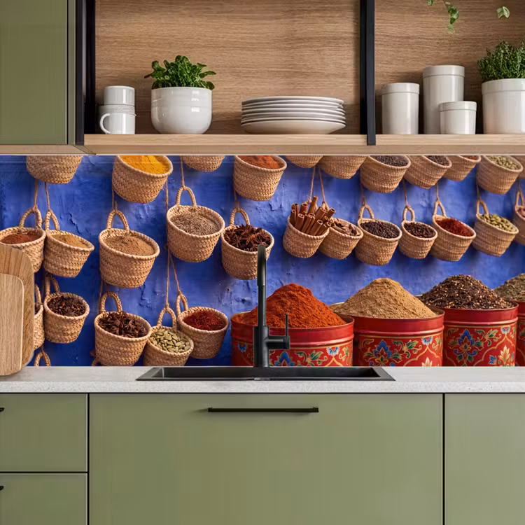 Kitchen Wall Splashback - Herbs - Baskets - Market - Kruiden - Manden - Markt keuken achterwand 2 middel
