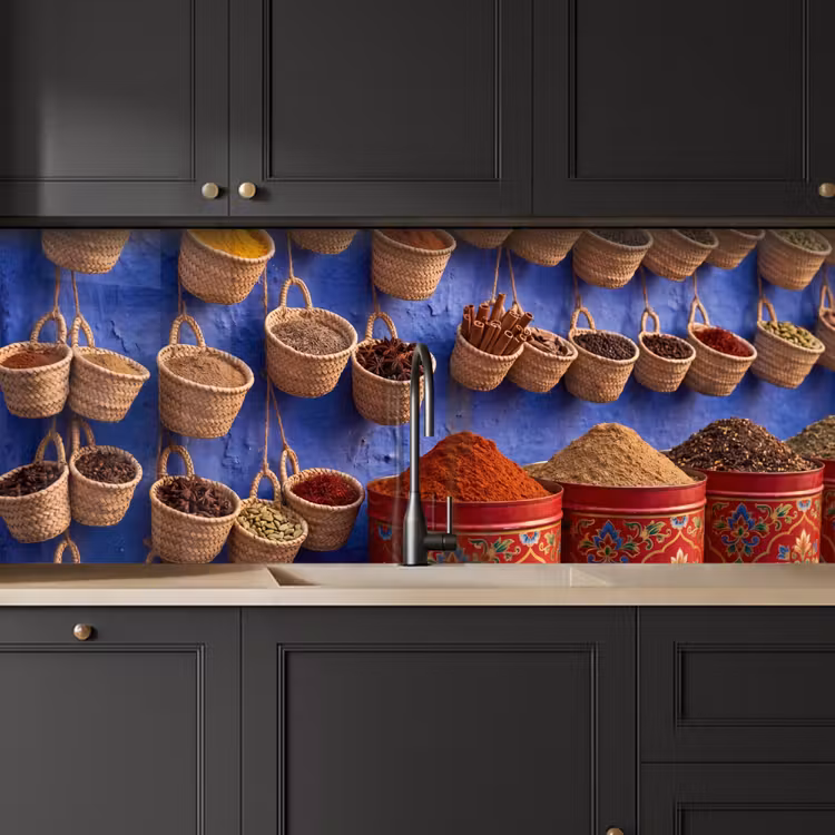 Kitchen Wall Splashback - Herbs - Baskets - Market - Kruiden - Manden - Markt keuken achterwand 2 middel