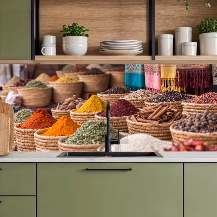 Kitchen Wall Splashback - Herbs - Baskets - Oriental - Kruiden - Manden - Oosters keuken achterwand 2 middel