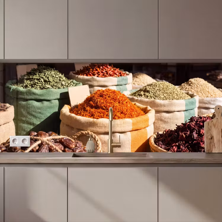 Kitchen Wall Splashback - Herbs - Market - Colorful - Kruiden - Markt - Kleurrijk keuken achterwand 2 middel zz_3dshopping