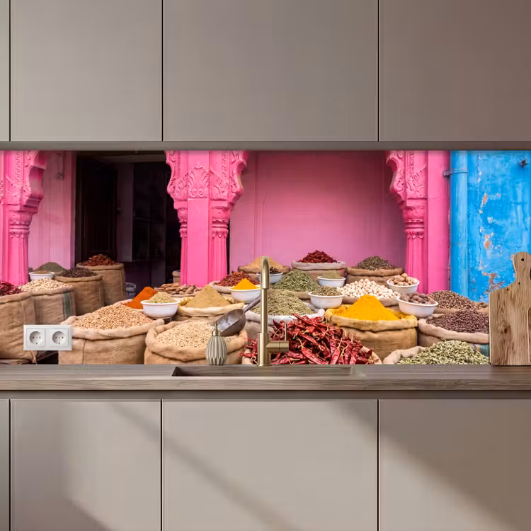 Kitchen Wall Splashback - Herbs - Market - Pink - Kruiden - Markt - Roze keuken achterwand 2 middel zz_3dshopping