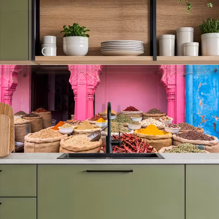 Kitchen Wall Splashback - Herbs - Market - Pink - Kruiden - Markt - Roze keuken achterwand 2 middel