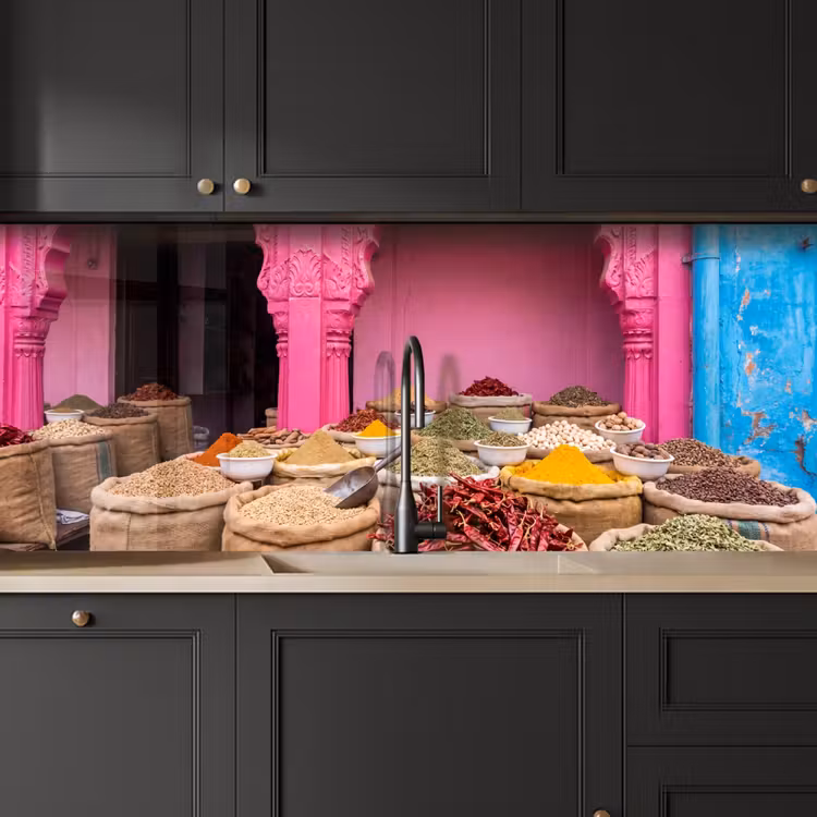 Kitchen Wall Splashback - Herbs - Market - Pink - Kruiden - Markt - Roze keuken achterwand 2 middel