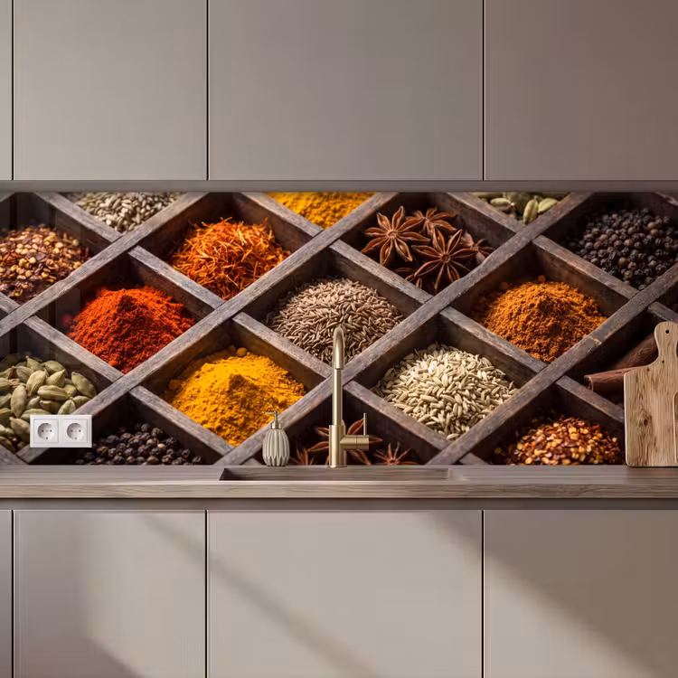Kitchen Wall Splashback - Herbs - Wood - Food - Kruiden - Houten - Eten keuken achterwand 2 middel zz_3dshopping