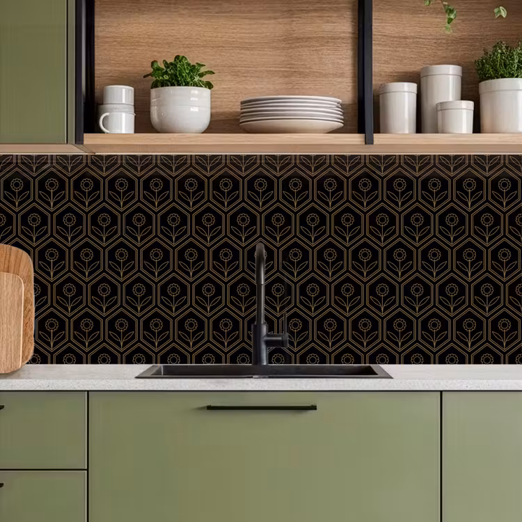 Zeshoek - Zwart - Goud - Bloem keuken achterwand 2 middel 871 -sfeer3
