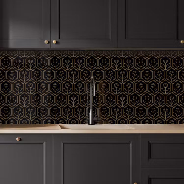 Zeshoek - Zwart - Goud - Bloem keuken achterwand 2 middel 871 -sfeer1