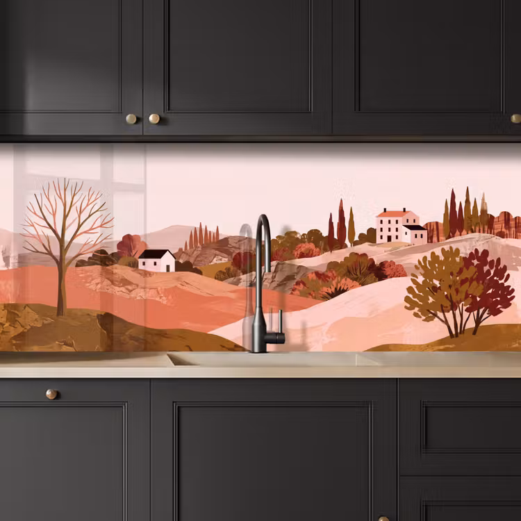 Heuvellandschap - Grafisch - Terracotta keuken achterwand 2 middel -sfeer1