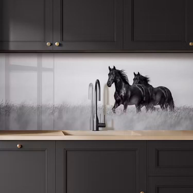 Paarden - Gras - Zwart - Wit keuken achterwand 2 middel -sfeer1