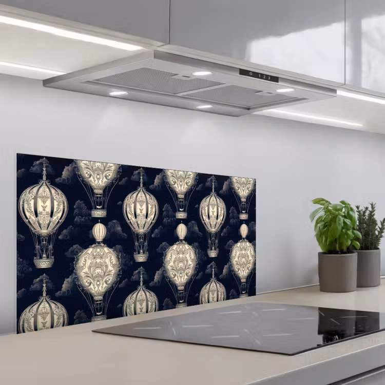 Luchtballonnen - Wolken - Patroon - Donkerblauw keuken achterwand spatscherm middel 899 -3d_schuin
