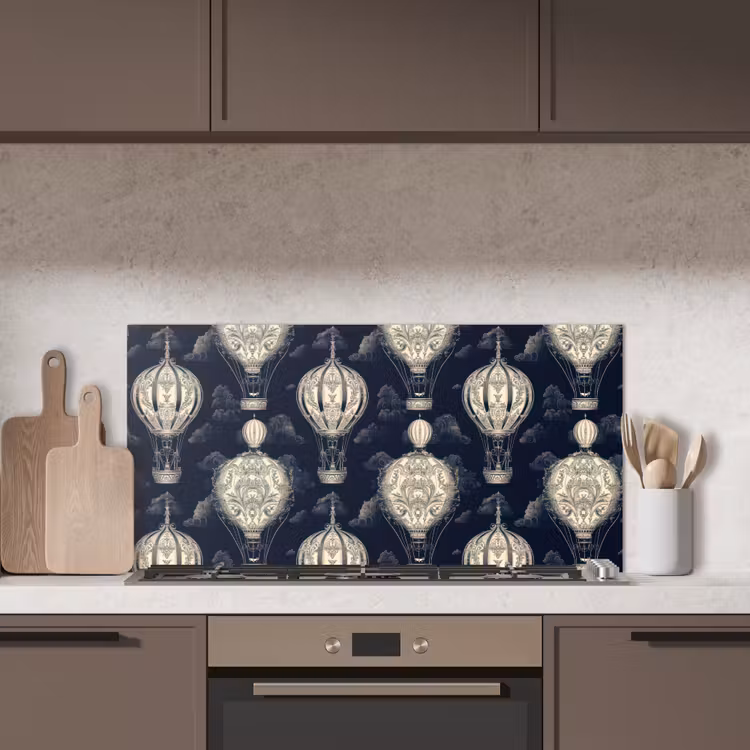 Luchtballonnen - Wolken - Patroon - Donkerblauw keuken achterwand spatscherm middel 899 -sfeer2