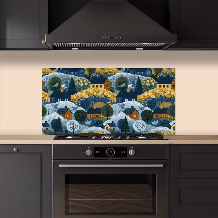 Huisjes - Bloemen - Patroon - Geel - Blauw keuken achterwand spatscherm middel 899 -sfeer1