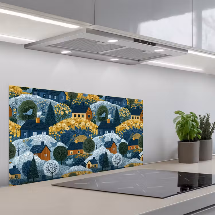 Huisjes - Bloemen - Patroon - Geel - Blauw keuken achterwand spatscherm middel 899 -3d_schuin