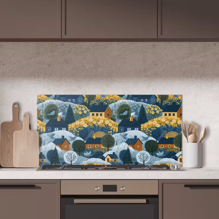 Huisjes - Bloemen - Patroon - Geel - Blauw keuken achterwand spatscherm middel 899 -sfeer2
