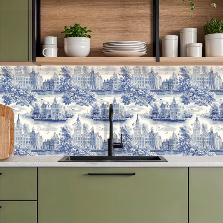 Huizen - Bomen - Water - Vogels - Blauw keuken achterwand 2 middel 871 -sfeer3