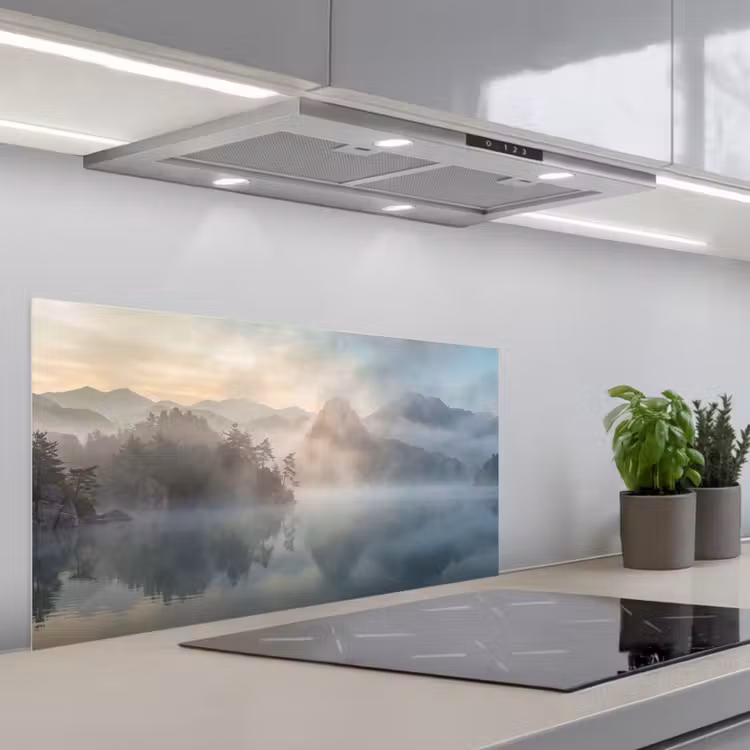 Landschap - Bergen - Mist - Water - Natuur keuken achterwand spatscherm middel -3d_schuin