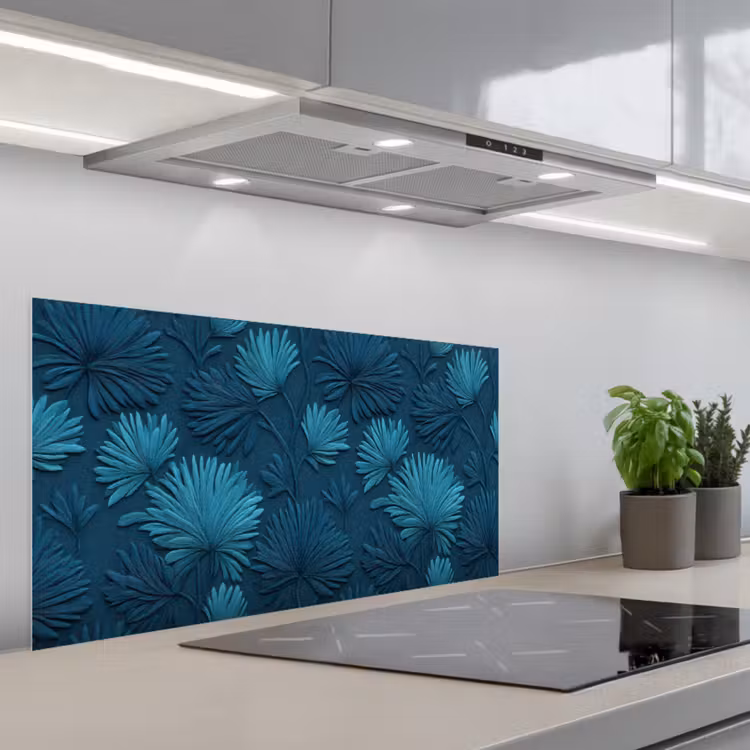 Bladeren - Reliëf - Patroon - Oceaanblauw - Modern keuken achterwand spatscherm middel 899 -3d_schuin