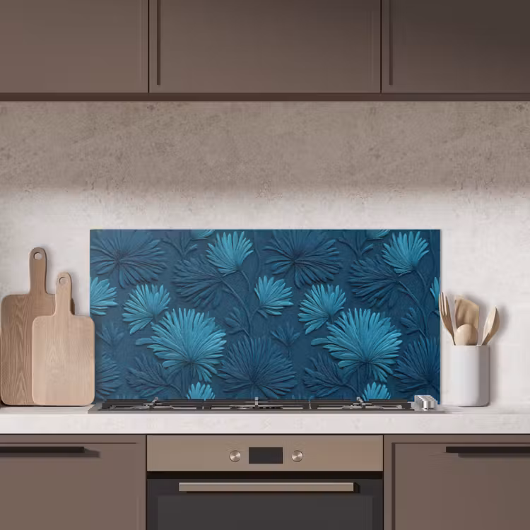 Bladeren - Reliëf - Patroon - Oceaanblauw - Modern keuken achterwand spatscherm middel 899 -sfeer2