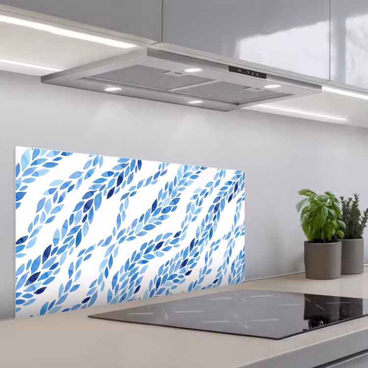Bladeren - Aquarel - Patroon - Modern - Blauw keuken achterwand spatscherm middel -3d_schuin