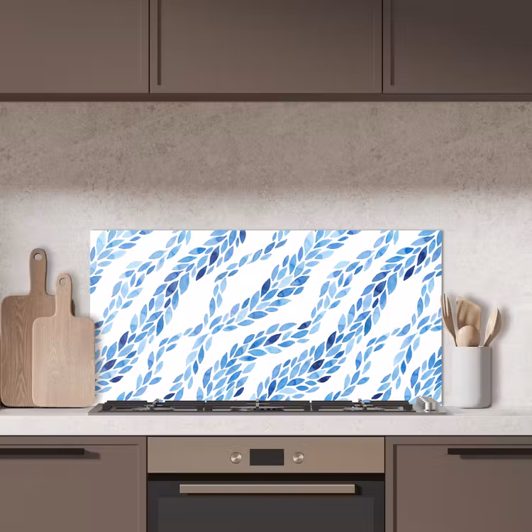 Bladeren - Aquarel - Patroon - Modern - Blauw keuken achterwand spatscherm middel -sfeer2