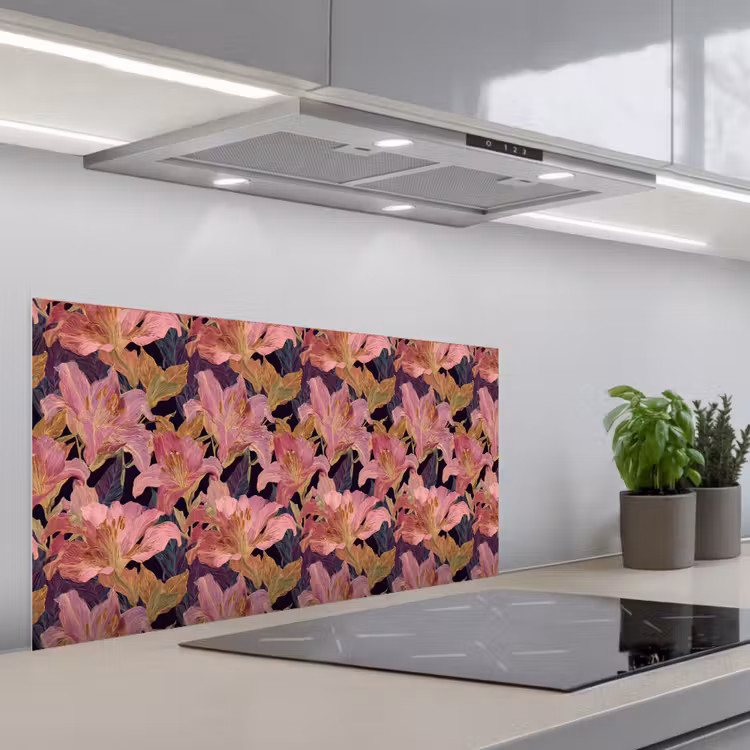 Lelies - Patroon - Roze - Goud keuken achterwand spatscherm middel 899 -3d_schuin