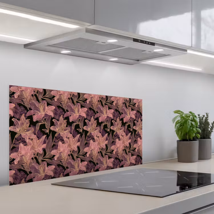 Lelies - Patroon - Paars - Goud keuken achterwand spatscherm middel 899 -3d_schuin