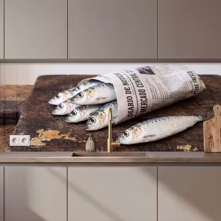 Kitchen Wall Splashback - Little Sardine - newspaper - cutting board - Sardientje - krant - snijplank keuken achterwand 2 middel zz_3dshopping