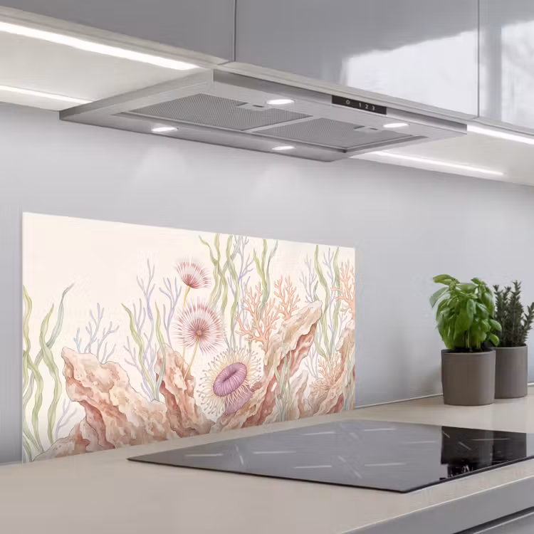 Zeeleven - Koraal - Onderwater - Illustratie - Kleurrijk keuken achterwand spatscherm middel -3d_schuin