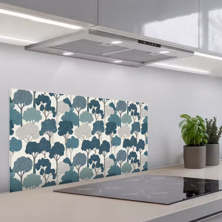 Modern - Bomen - Bos - Patroon - Blauw keuken achterwand spatscherm middel 899 -3d_schuin