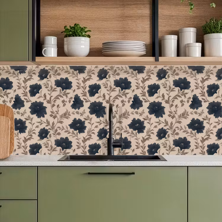 Motief - Bloemen - Zwart - Beige keuken achterwand 2 middel 871 -sfeer3
