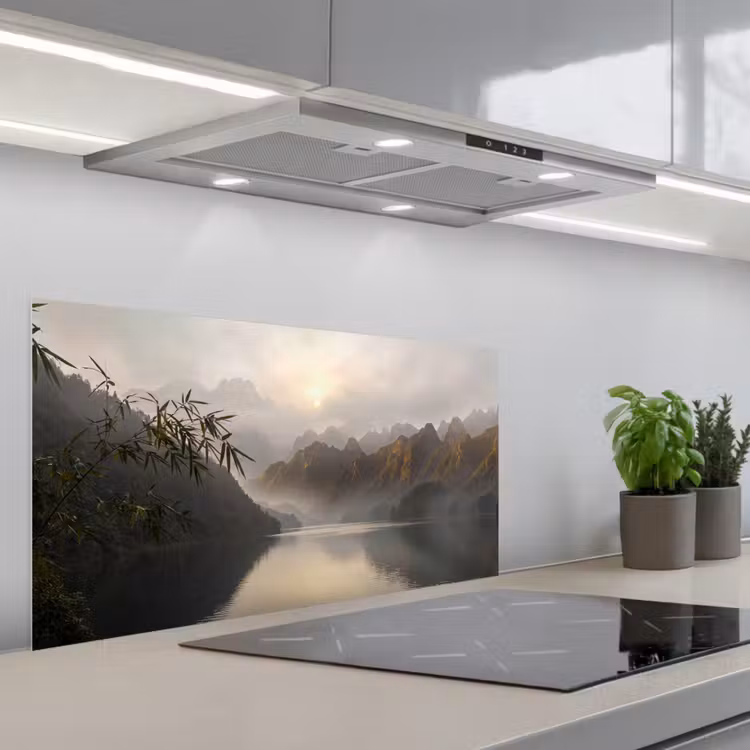 Bergen - Water - Mist - Natuur - Landschap keuken achterwand spatscherm middel -3d_schuin