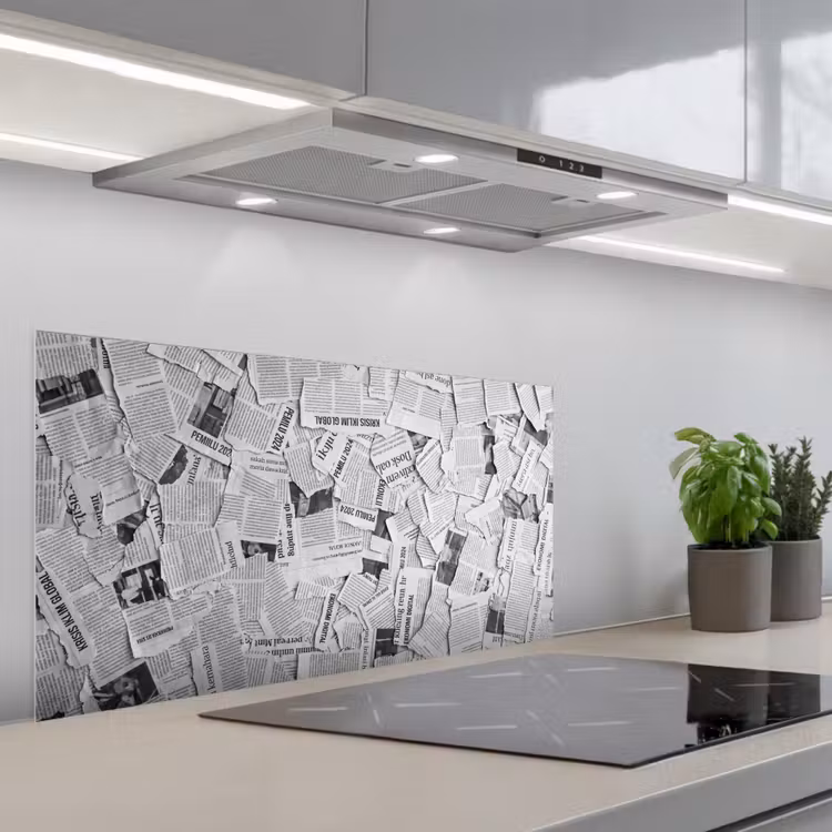 Krant - Versnipperd - Textuur - Zwart-wit - Abstract keuken achterwand spatscherm middel -3d_schuin