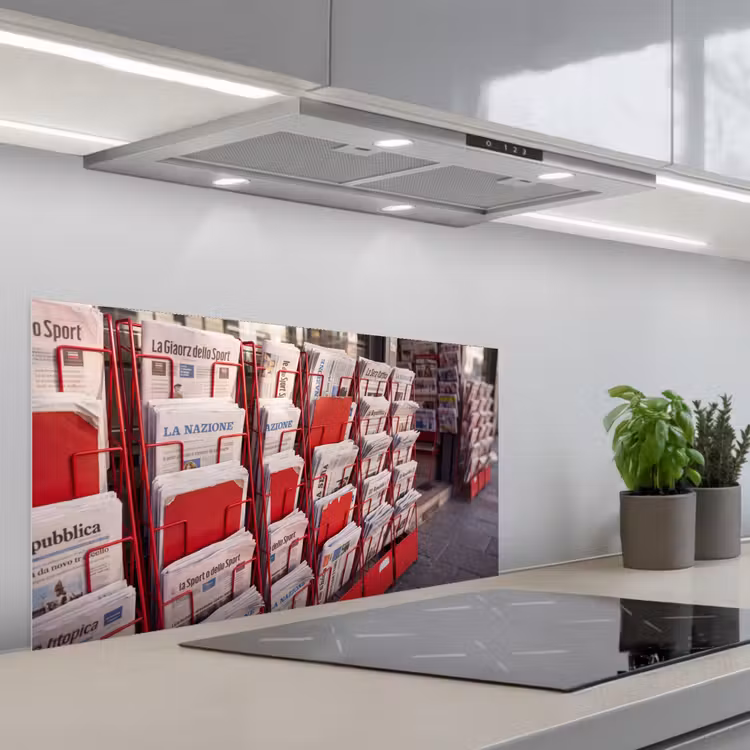 Kranten - Rek - Stedelijk - Dagelijks leven - Rood keuken achterwand spatscherm middel -3d_schuin