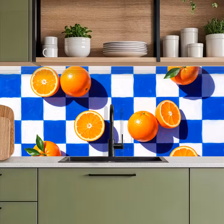 Kitchen Wall Splashback - Orange - Checkered - Food - Sinaasappel - Geruit - Eten keuken achterwand 2 middel
