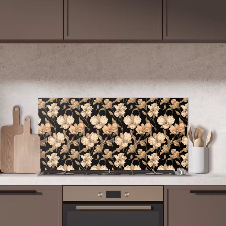 Orchideeën - Lijntekening - Patroon - Beige - Zwart keuken achterwand spatscherm middel 899 -sfeer2