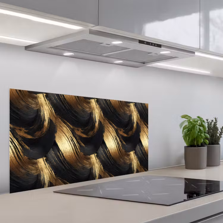 Verfstreken - Abstract - Goud - Zwart keuken achterwand spatscherm middel 899 -3d_schuin