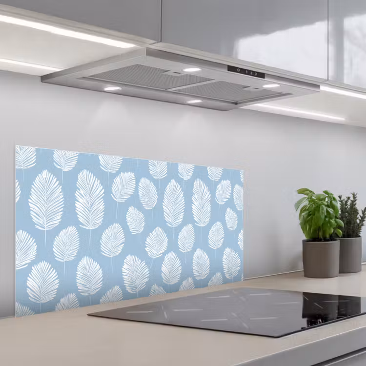 Palmbladeren - Naadloos - Patroon - Pastelblauw keuken achterwand spatscherm middel 899 -3d_schuin