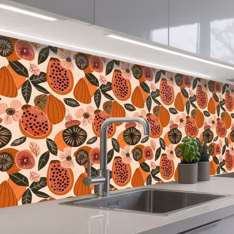 Papaja - Bloesem - Oranje keuken achterwand 2 groot 857 -3d_schuin