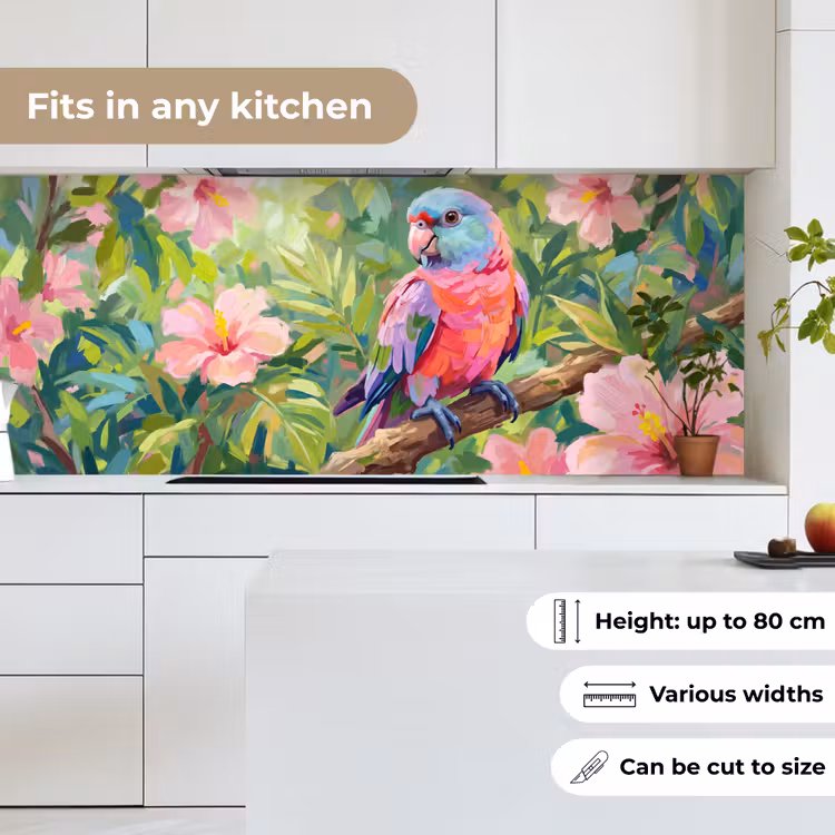 Papagaai - Hibiscusbloemen - Kleurrijk keuken achterwand 2 middel -sfeer4_UK