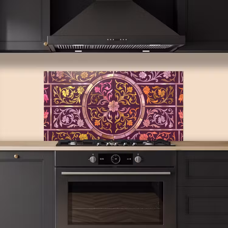 Patroon - Floraal - Oosters - Paars - Goud keuken achterwand spatscherm middel -sfeer1