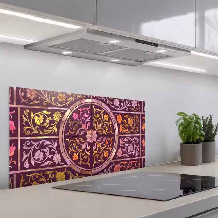 Patroon - Floraal - Oosters - Paars - Goud keuken achterwand spatscherm middel -3d_schuin