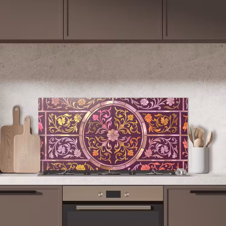 Patroon - Floraal - Oosters - Paars - Goud keuken achterwand spatscherm middel -sfeer2