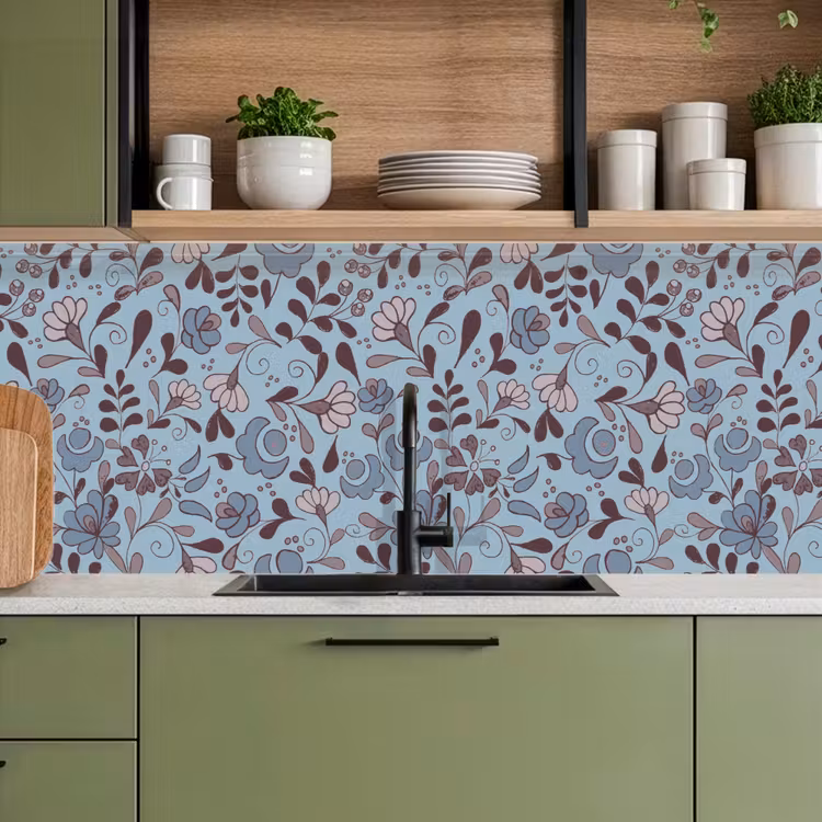 Patroon - Bloem - Grijs - Blauw keuken achterwand 2 middel 871 -sfeer3
