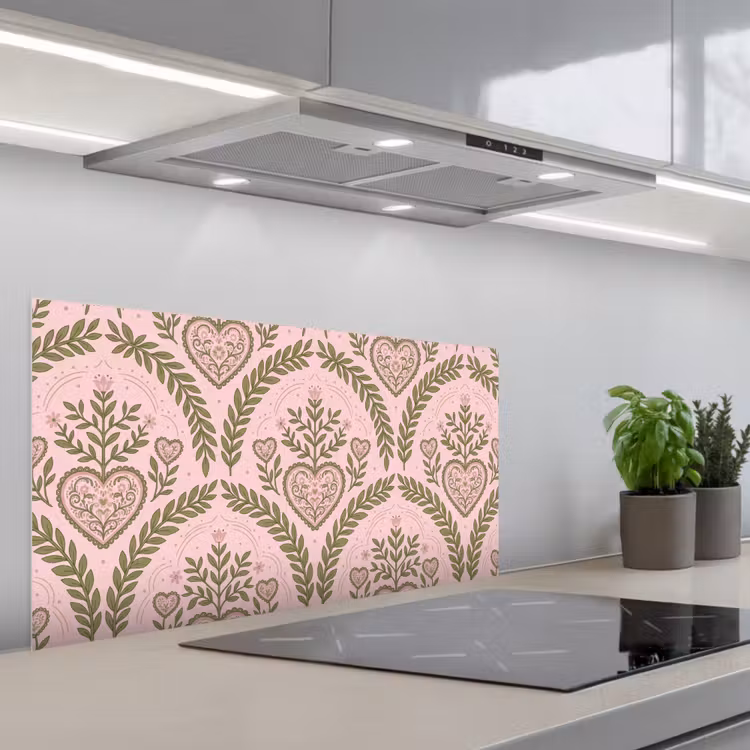 Patroon - Hart - Bloemen - Folkloristisch - Roze keuken achterwand spatscherm middel -3d_schuin