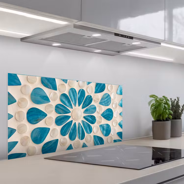 Patroon - Mozaïek - Schelpen - Abstract - Turquoise keuken achterwand spatscherm middel -3d_schuin