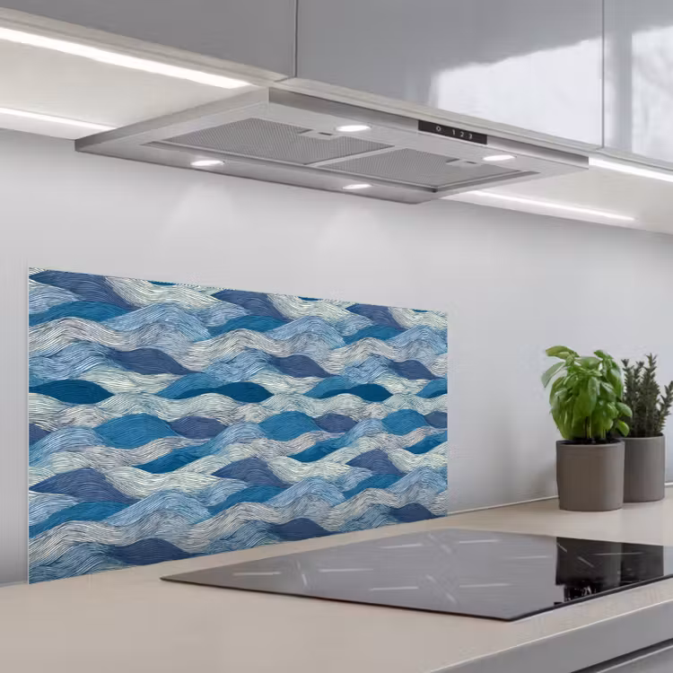 Getekend - Blauw - Wit - Golvend - Streepjes keuken achterwand spatscherm middel 899 -3d_schuin