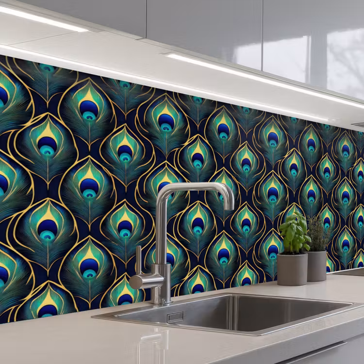 Pauw - Veren - Groen keuken achterwand 2 groot 857 -3d_schuin
