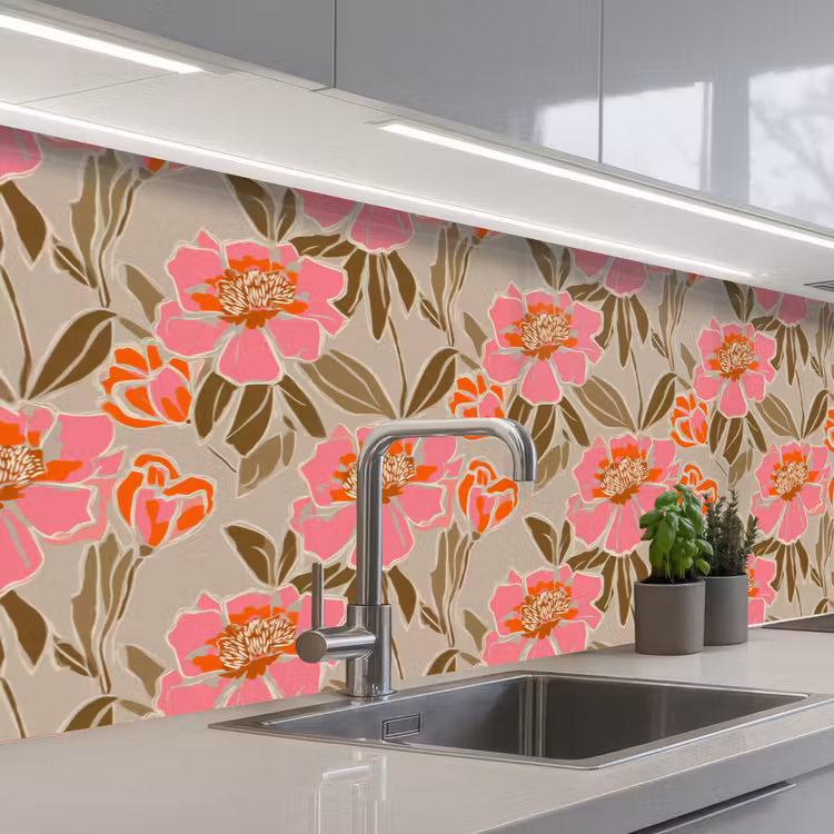 Pioenrozen - Patroon - Roze keuken achterwand 2 groot 857 -3d_schuin