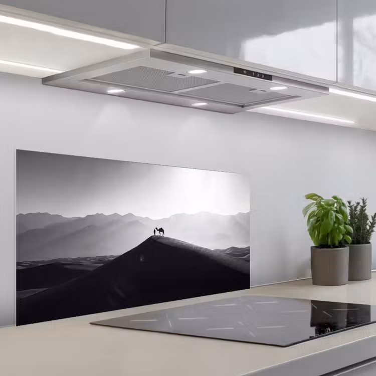 Mens - Kameel - Zandduin - Natuur - Monochroom keuken achterwand spatscherm middel -3d_schuin