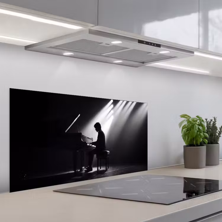 Persoon - Piano - Muziek - Zwart-wit - Podium keuken achterwand spatscherm middel -3d_schuin